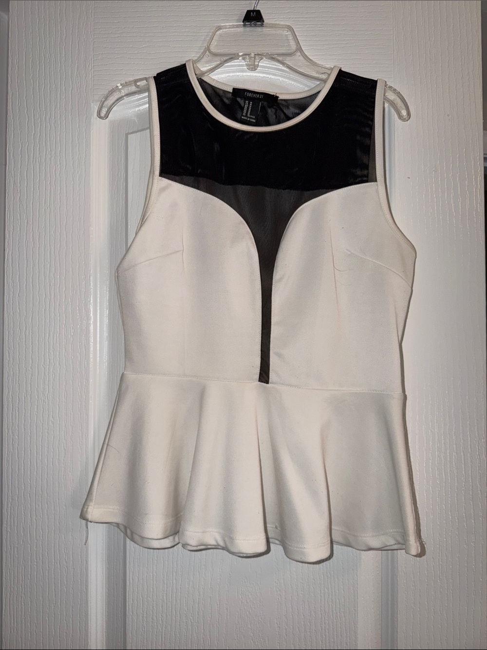 Forever 21 White Peplum Tank Top with Black Mesh Yoke